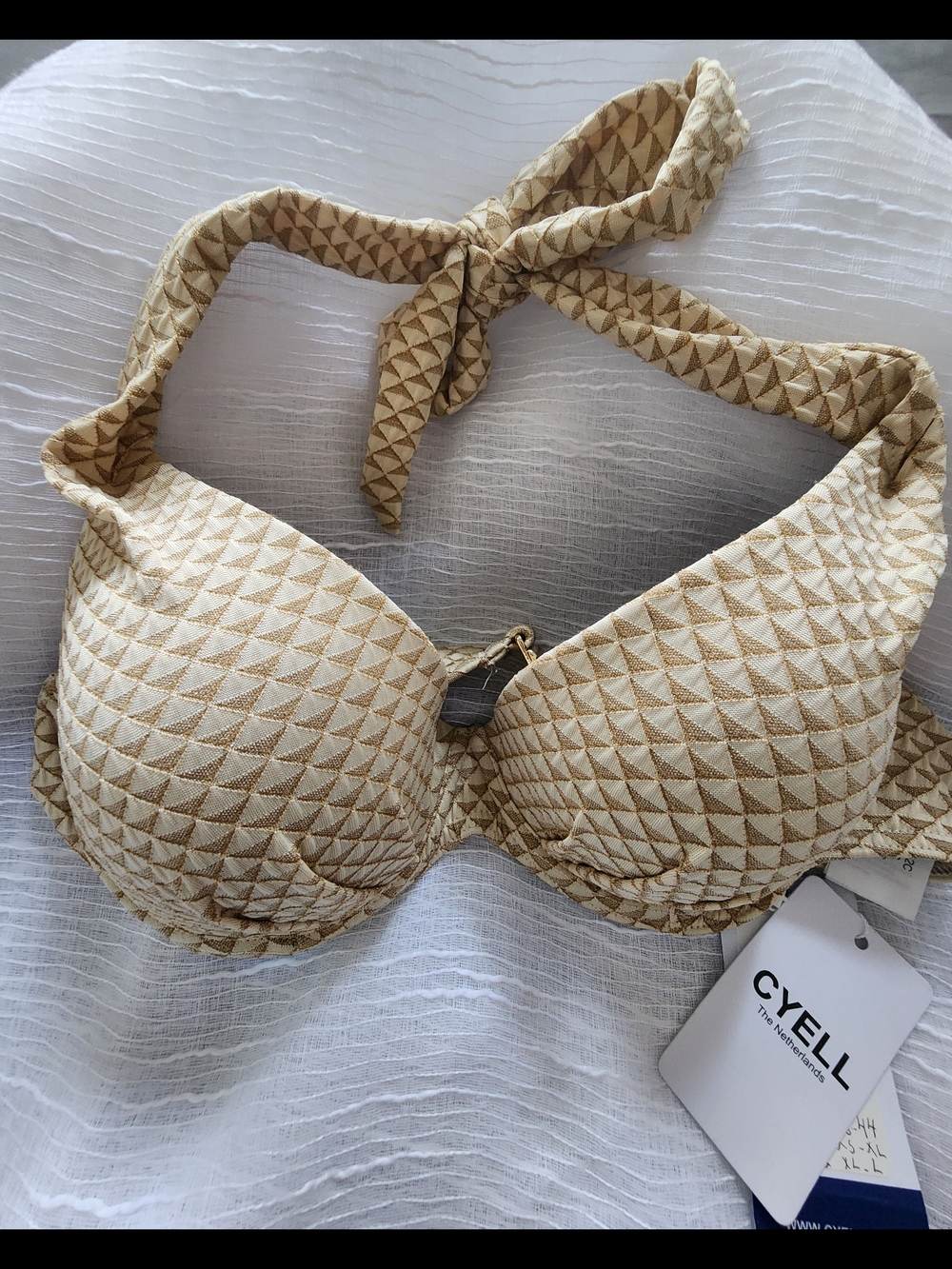 Cyell Netherlands Gold Geometric Textured Halter Bikini Top - Size US 8C / 34C N